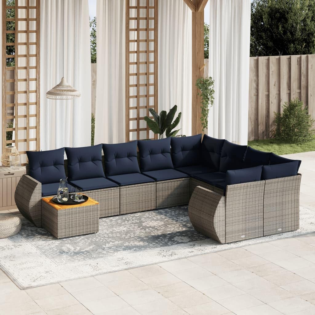 10 Piece Garden Sofa Set, Grey Poly Rattan Outdoor Patio Furniture with Cushions, Acacia Wood Tabletop, Modular Design for Backyard, Terrace, Deck