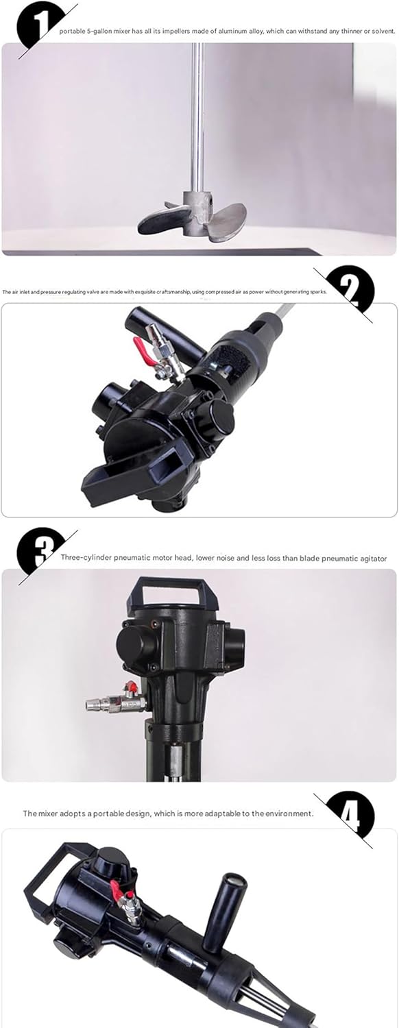 1/4HP 5 Gallon Pneumatic Paint Mixer Paint Stirring Machine with 4 Inch Mixing Impeller, Ink Dye Coating Liquid Mix Tool Tank Barrel Air Mixer