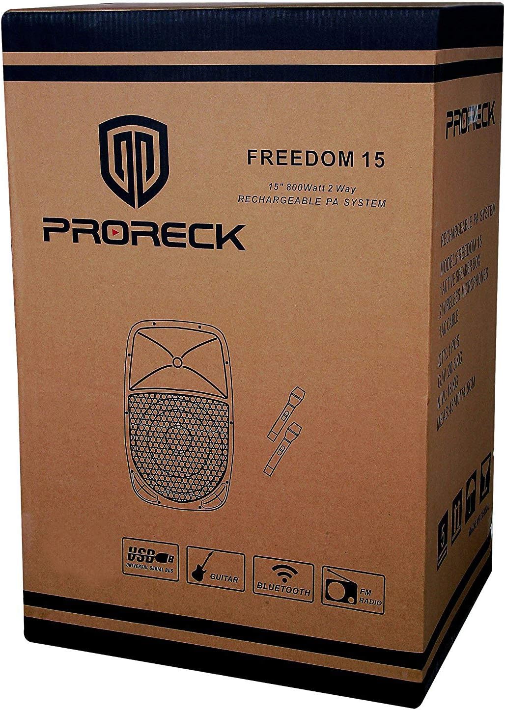 PRORECK Freedom 15 Portable 15-Inch 800 Watt 2-Way Rechargeable Powered Dj/PA Speaker System with Bluetooth/USB/SD Card Reader/FM Radio/Remote Control/Wireless Microphones/Speaker Stand