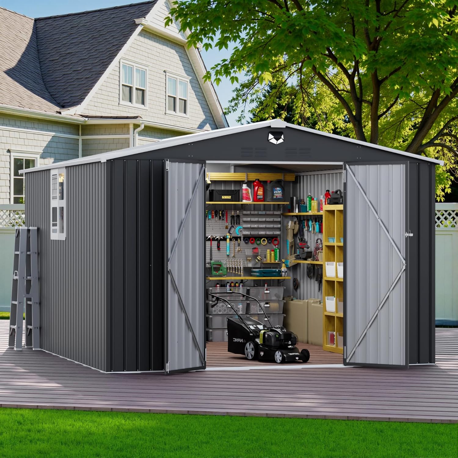 10x12 FT Outdoor Storage Shed, Metal Garden Shed - Tool Storage Sheds with Lockable Doors & 1 Clear Window, Waterproof Outside Storage Building for Backyard, Patio (Black; Floor Not Included)