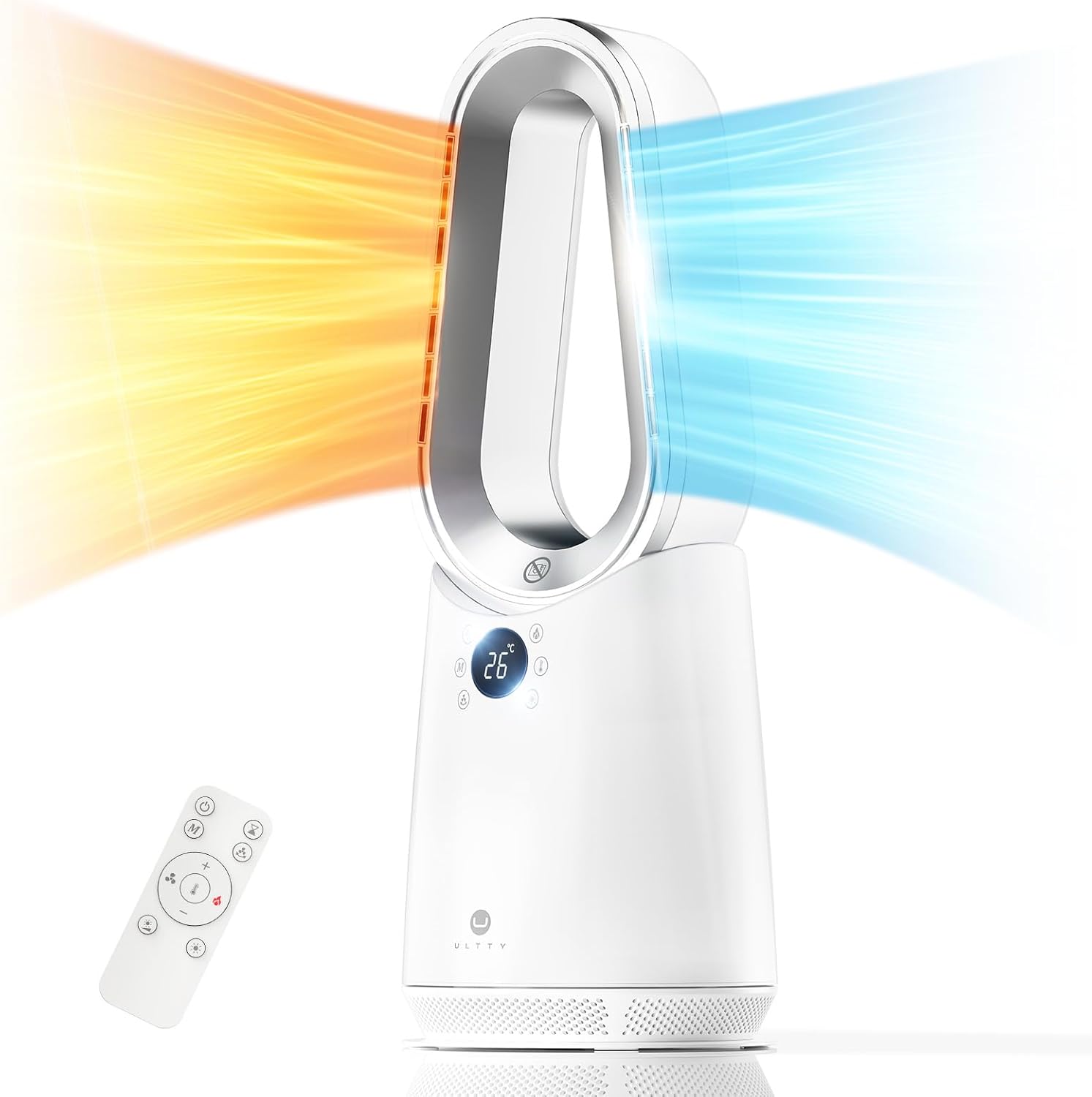 ULTTY Space Heater, Portable Electric Heaters and Cooler Fan Combo with Remote, 80°Oscillation, 9 Speeds, 3 Modes, 8 Timer, 6 Colors LED Light, Fast Safety Heat and Quiet for Office Bedroom Home