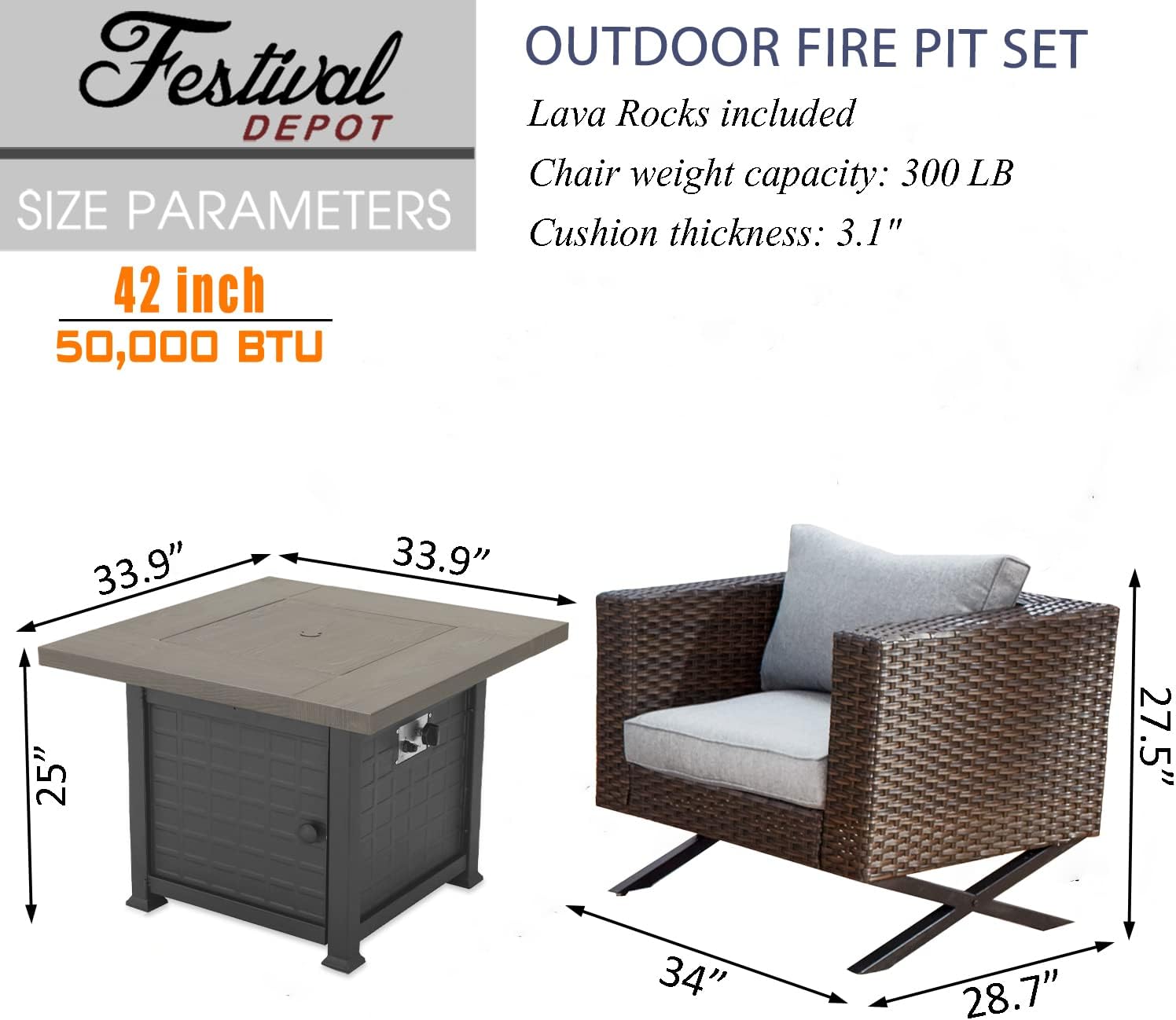 Sports Festival Fire Pit Table Set of Propane Fire Table and 4 Wicker Chairs with Thick Cushions for Patio Rattan Outdoor Furniture, CSA Certification