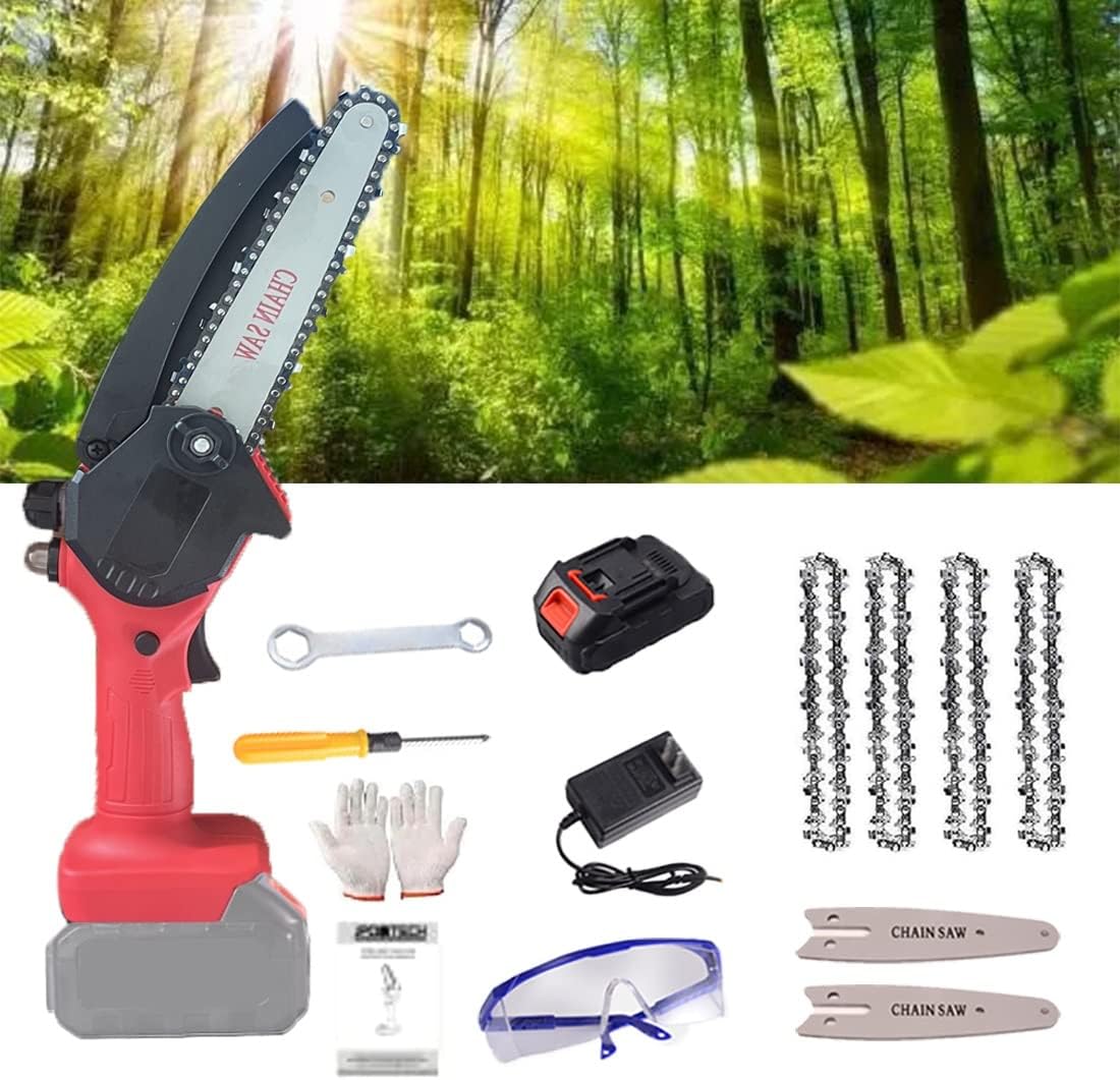 24V 6 Inch Cordless Battery Powered Chain Saw,Mini Chainsaw,Electric Chainsaw, Handheld Mini Chainsaw forcutting Pruning and Gardening and one-Hand Chainsaw (Color : Red, Battery *1 : 4*Chain)