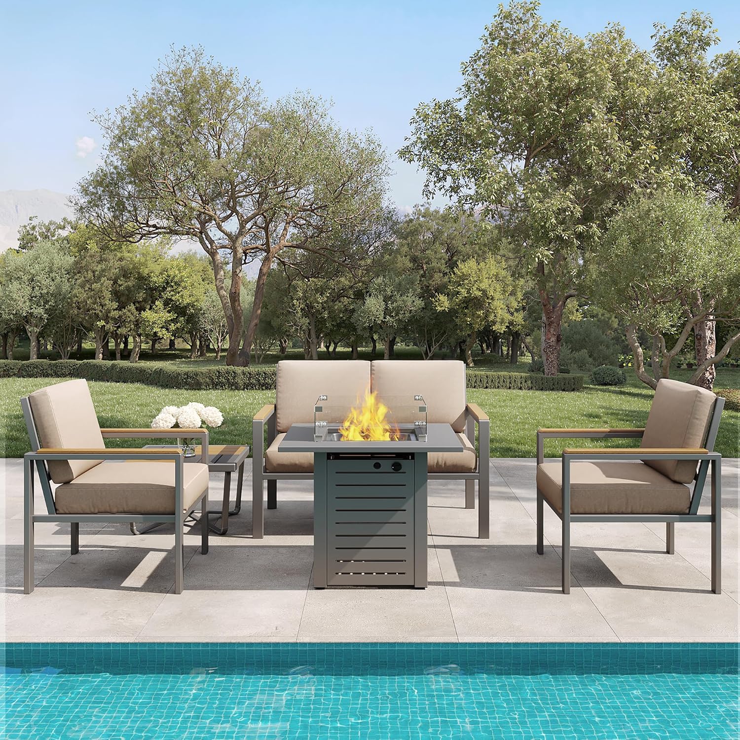 MBY 5-Piece Modern Patio Furniture Set with Fire Pit Table, Metal Outdoor Sectional with Cushions & Wood-Like Armrests, Cozy Conversation Set for Porch, Balcony, Garden, Yard-Brown