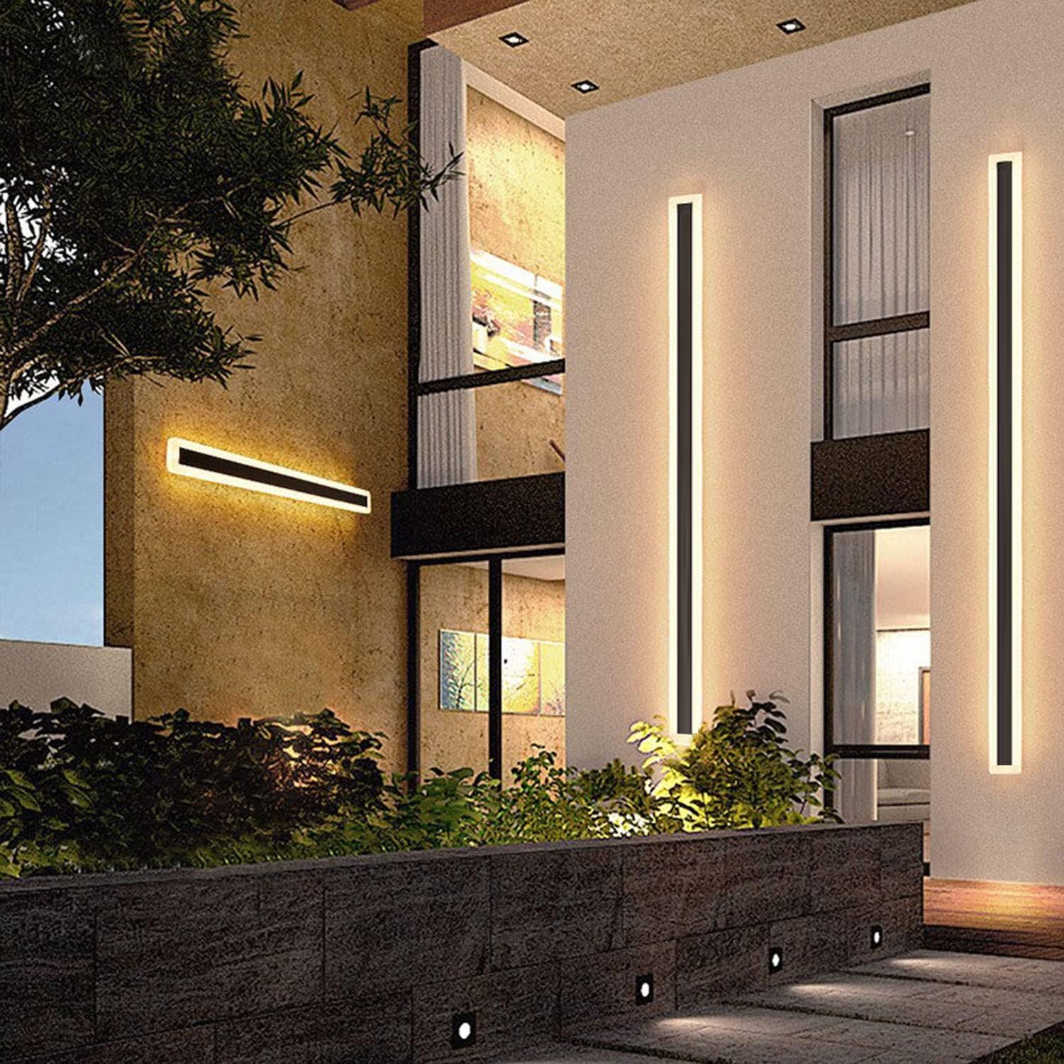 2Pack-79inch Long Outdoor Modern LED Wall Light,65W Waterproof IP65 Warm White 110V led Wall Mount Lighting Fixture Rectangular Black Wall Lights Elegant Frosted White Acrylic Anti Rust.