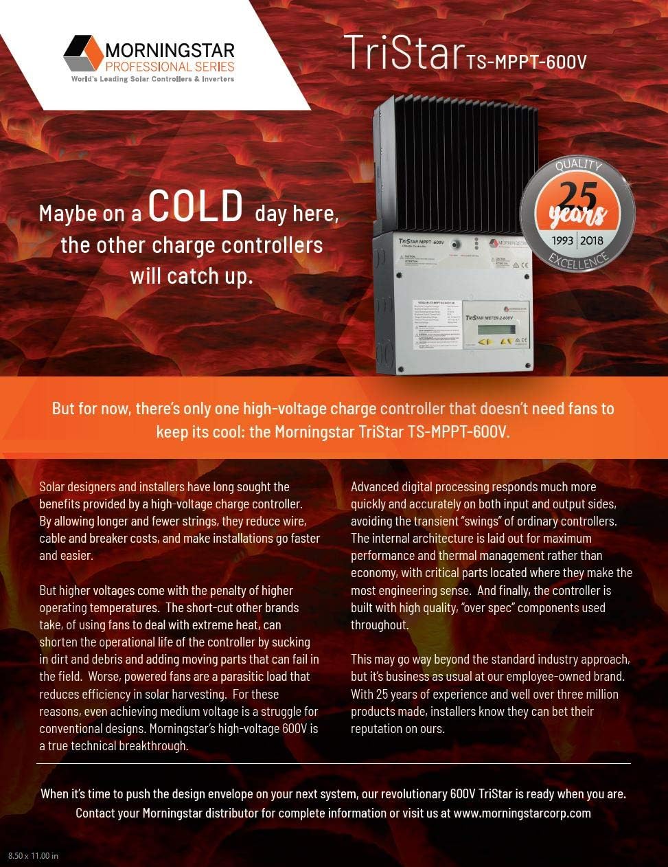 Morningstar Tristar MPPT 600V Solar Charge Controller w/ Disconnect Box (TS-MPPT-60-600V-48-DB) - Intelligent High Voltage Solar Panel Regulator for LA/Li Batt., 97.9% Effic., Data/Comms, 5 Yr. WTY