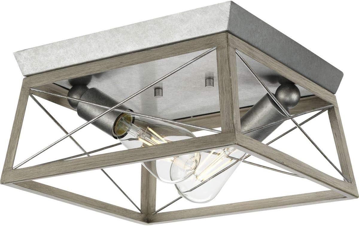 Progress Lighting Briarwood Collection 2-Light Ceiling Light, Flush Mount Ceiling Light Fixture for Interior Kitchen Lights, Hallway, Bedroom, Living Room, 12-Inch by 6-Inch, Galvanized Finish