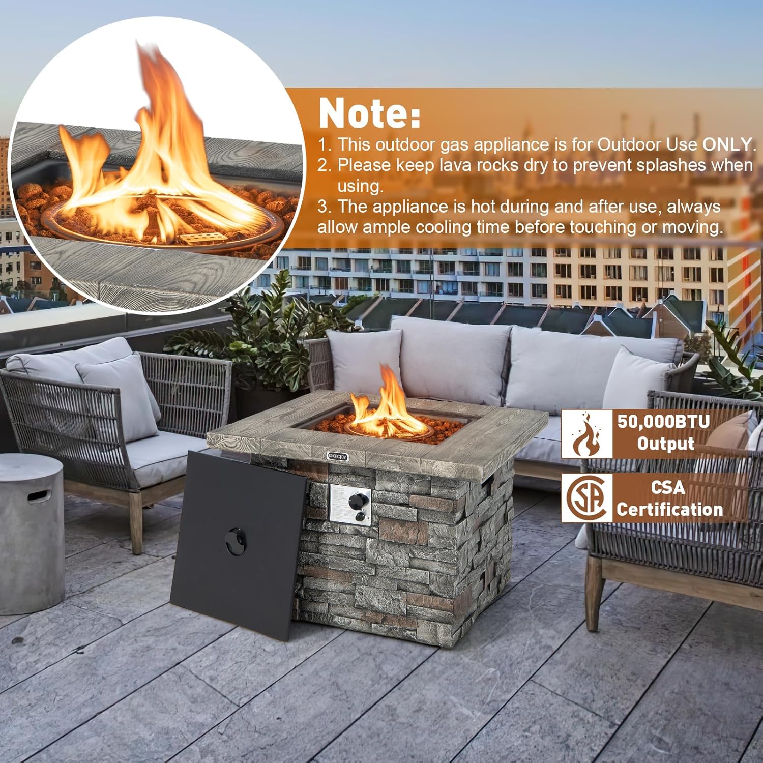 Tangkula 34.5 Inch Faux Stone Propane Fire Pit Table, Patiojoy Square Gas Fire Pit with Metal Lid, Lava Rocks, Stainless Steel Burner & PVC Cover, 50,000BTU Outdoor Fire Table