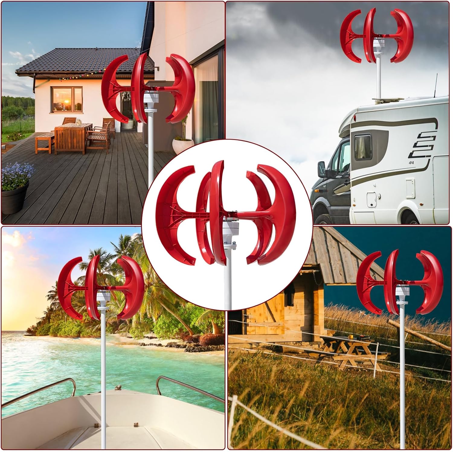 1000W Wind Turbine Generator 12V/24V, 5-Blade Vertical Axis Wind Power System, Electromagnetic Braking, Permanent Magnet Alternator, Off-Grid Renewable Energy Kit for Home, Streetlight Red