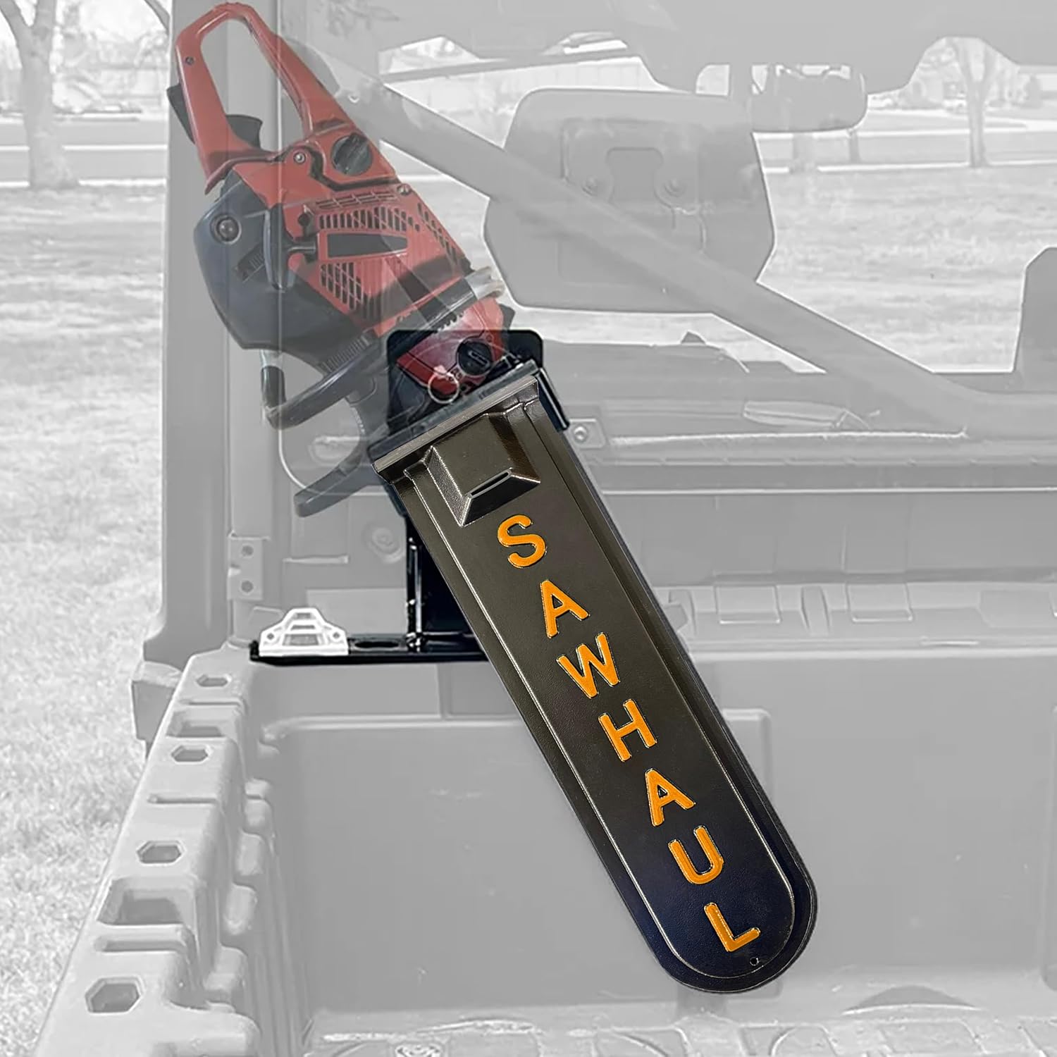 SawHaul Snap-Lok Universal Chainsaw Carrier Kit Compatible with Polaris Rangers and Generals and CanAm Defenders, 20 Inch Orange Scabbard, Rotating Mount Holder, Made in USA