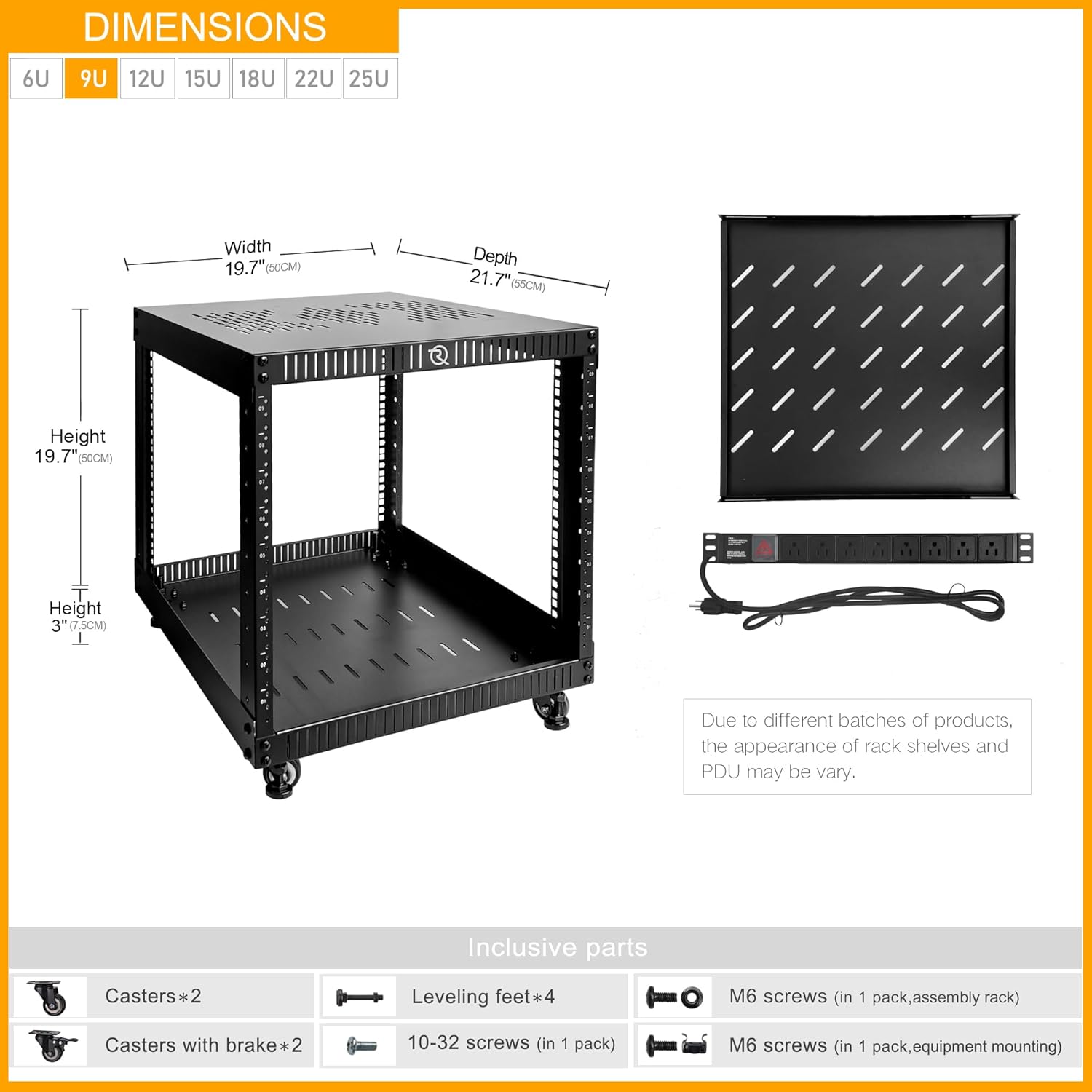 RIVECO 9U Network Rack with Reinforced Top Cover - 4 Post Floor Rack on Wheels for 19