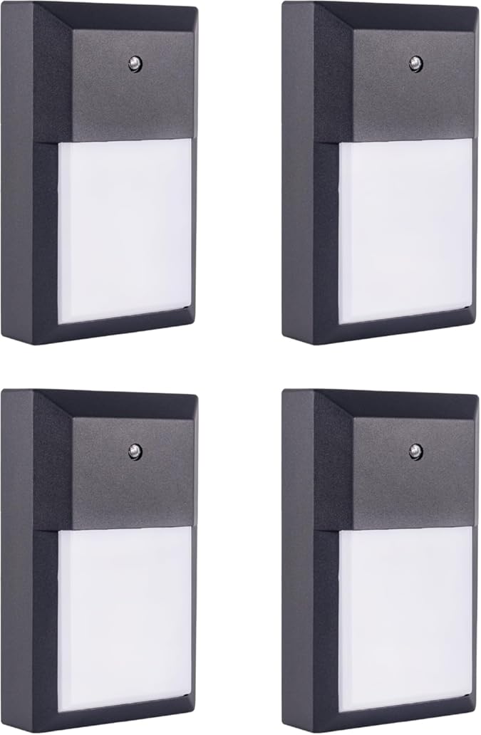 YoonLIT LED Outdoor Wall Pack Lantern Dusk to Dawn Photocell, Waterproof Light for Porch, Garage, Stairway, Hallway, 12W 1000 LM 3000K, Aluminum Housing Plus PC Cover, Black, 4-Pack