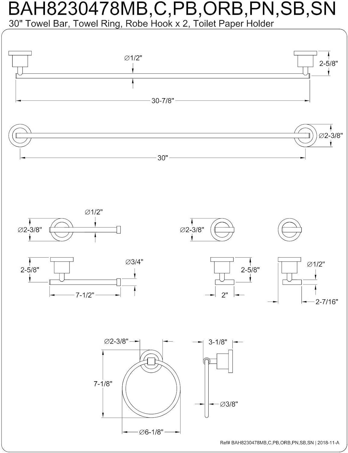 Kingston Brass BAH8230478ORB Concord 5-Piece 30-Inch Towel Bar Bathroom Accessory Set in Oil Rubbed Bronze