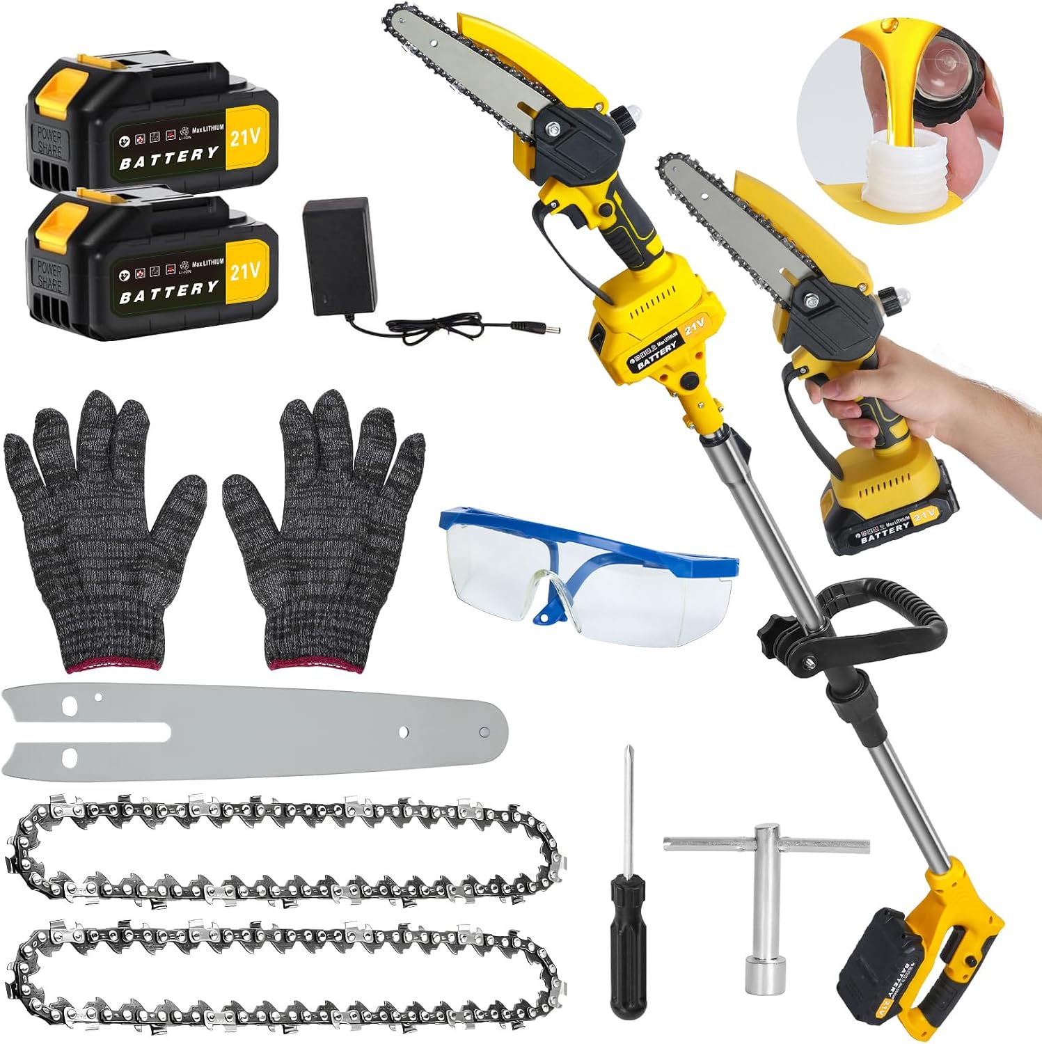 2-in-1 Electric Pole Saws for Tree Trimming, 6 Inch Mini Chainsaw Cordless with Extension Pole, Battery Powered Pole Chain Saw, Tree Trimmer Limb Branch Cutter Pruner with 2 Battery and Charger Yellow