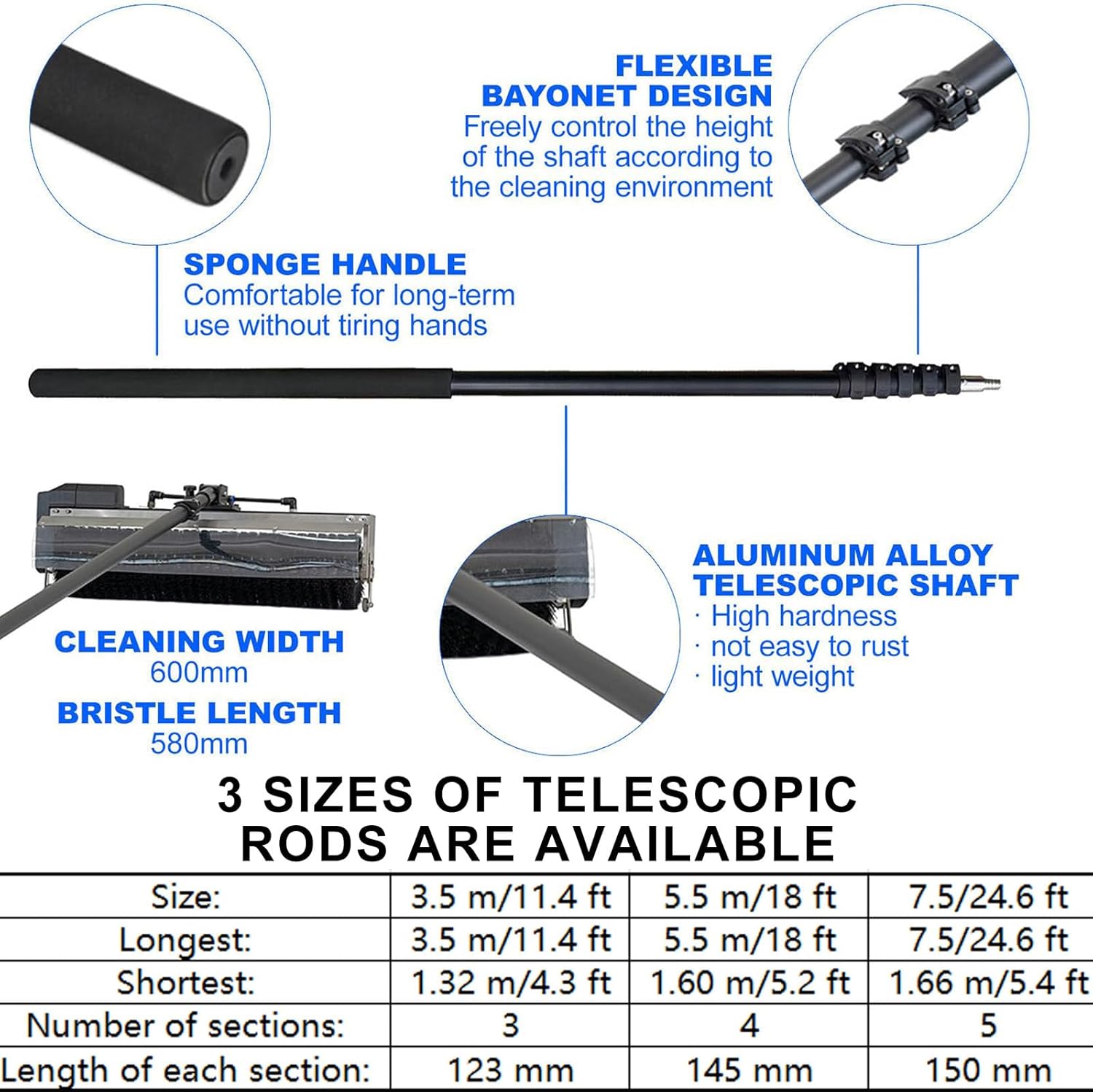 24.6 Ft Photovoltaic Panel Electric Cleaning Brush - 600 mm Cleaning Width,Lightweight Telescopic Aluminum Rod,Automatic Water Supply