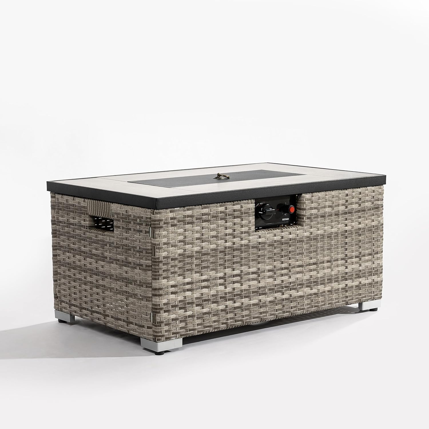 32in Gas Fire Pit Table Set, 50,000 BTU Propane Fire Pit Table Outdoor with Rain Cover, Hideaway Tank Holder Fits 20lb Tank, Gas Fire Pit for Outside w/Ceramic Tabletop and lid, Glass Rocks.