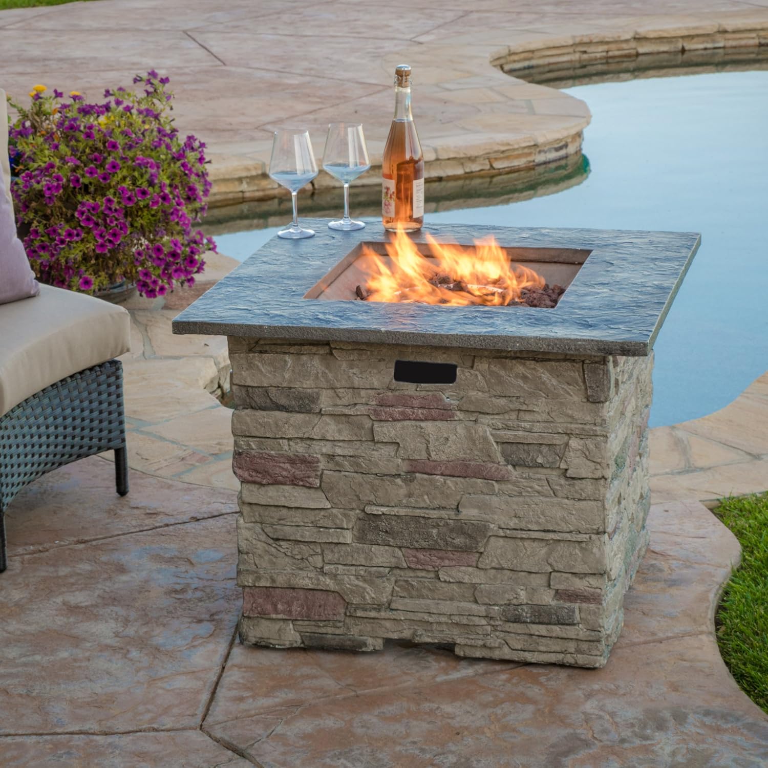 32 Inches Square Stone Gray Mgo Fire Pit with 40,000 Btu, Durable Outdoor Fireplace for Patio, Backyard, and Deck – Weather-Design (1 Doors)