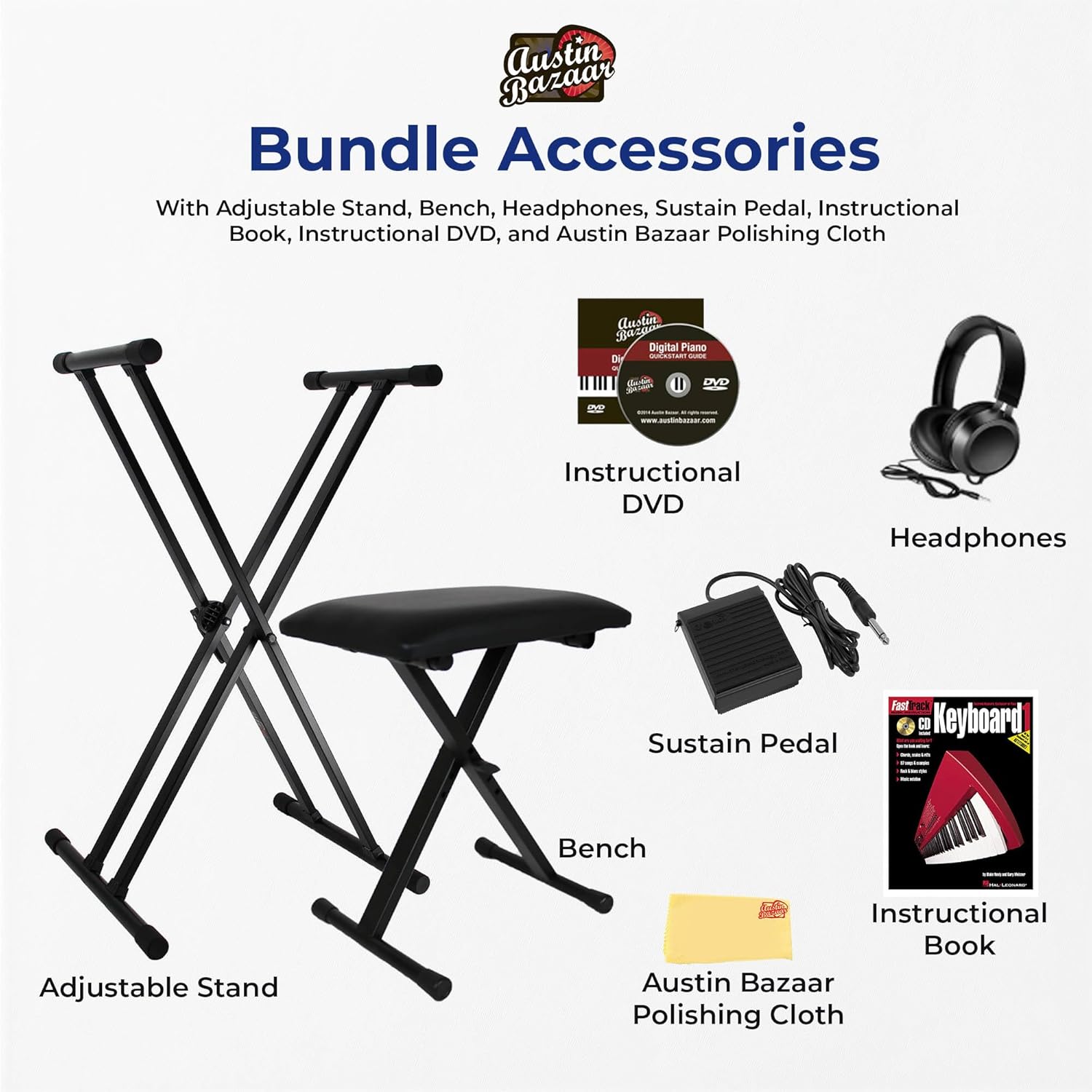 Casio CT-S200 Casiotone 61-Key Portable Keyboard - Black Bundle with Adjustable Stand, Bench, Headphones, Sustain Pedal, Instructional Book, Instructional DVD, and Austin Bazaar Polishing Cloth