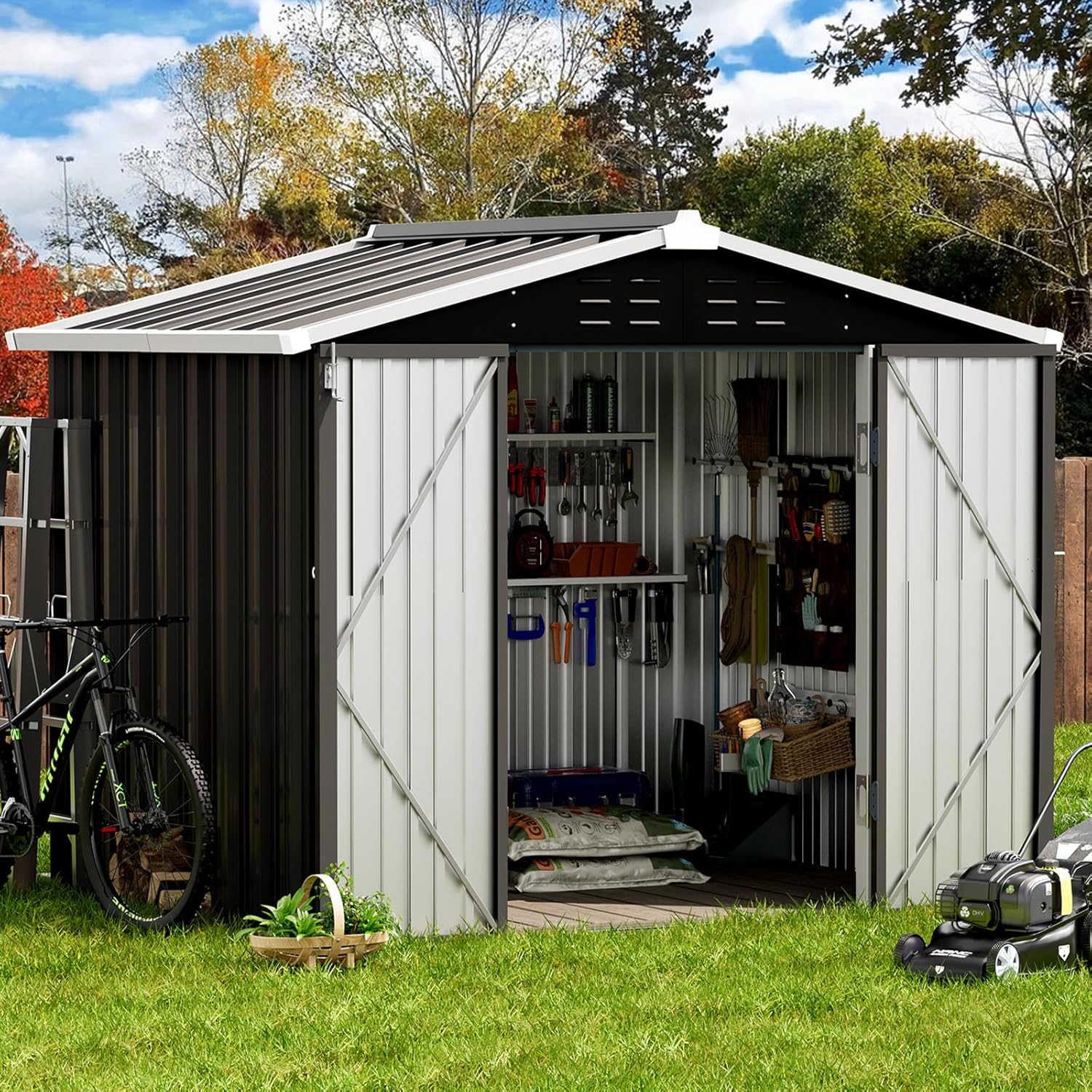 Outdoor Storage Shed 8 x 6 FT Lockable Metal Storage Shed Steel Anti-Corrosion Storage House with Single Lockable Door for Backyard Outdoor Patio，Dark Grey