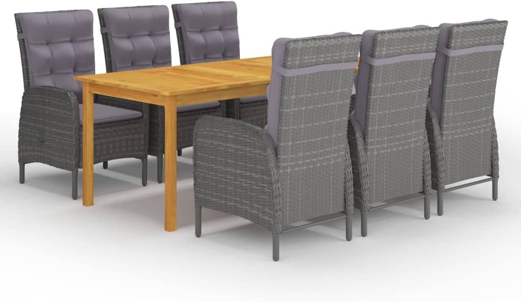 Furniture Sets 7 Piece Patio Dining Set Gray,Modern Patio Dining Set: Acacia Wood Table and Ergonomic Rattan Chairs Garden Conversation Sets