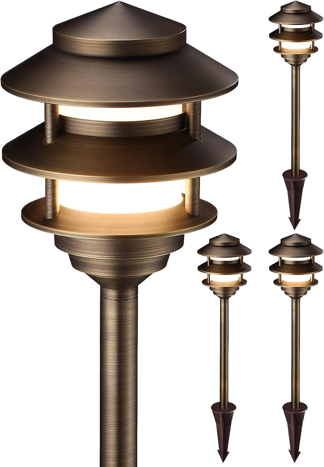 LEONLITE 3-Tier 12V Cast Brass Pagoda Path Light, for Low Voltage Landscape Lighting on Pathway, Garden, Work with G4 Bulb, (Bulbs Not Included), IP65, 20.28'' Tall, 5.91'' Shade, Bronze, Pack of 4