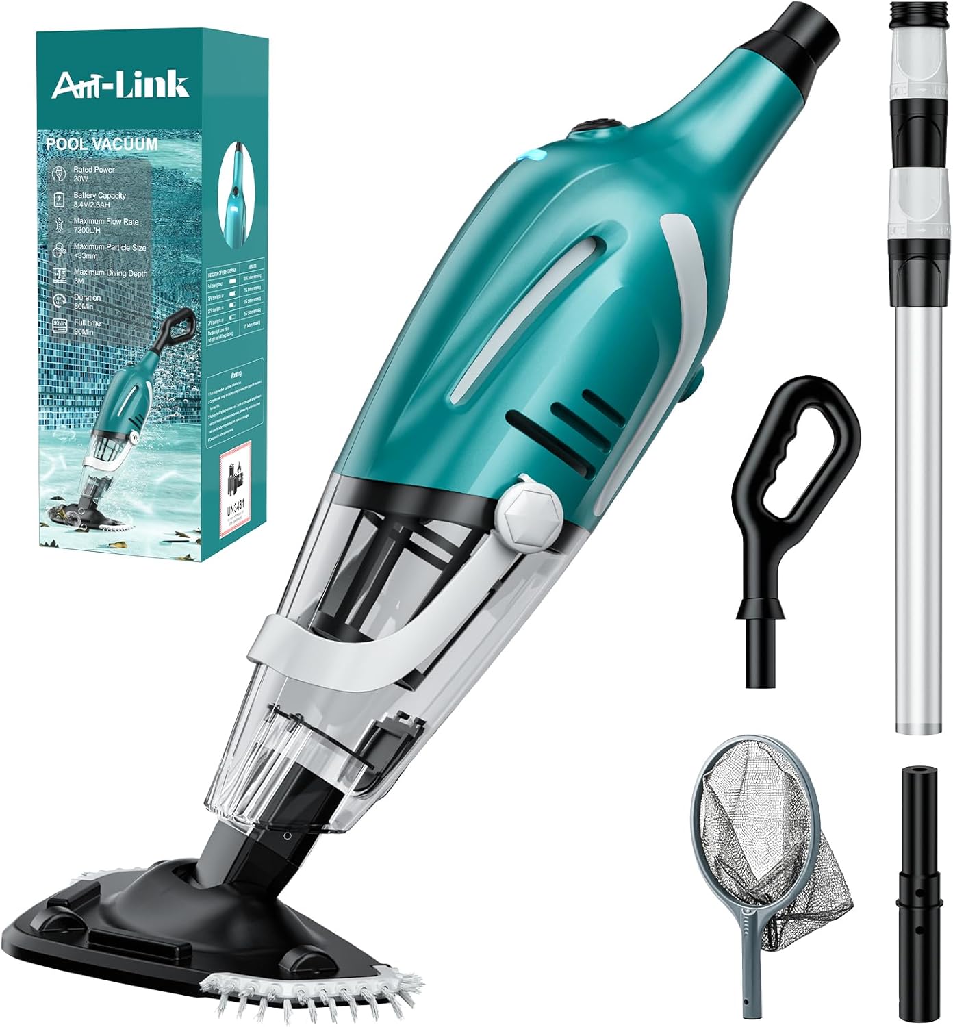 Pool Vacuum for Above Ground Pool, Handheld Rechargeable Pool Cleaner, Turbo™ Technology, Strong Suction 2700L/H, Running up to 75Min, Designed for Cleaning Leaves, Sand, Small Spas/Hot Tubs