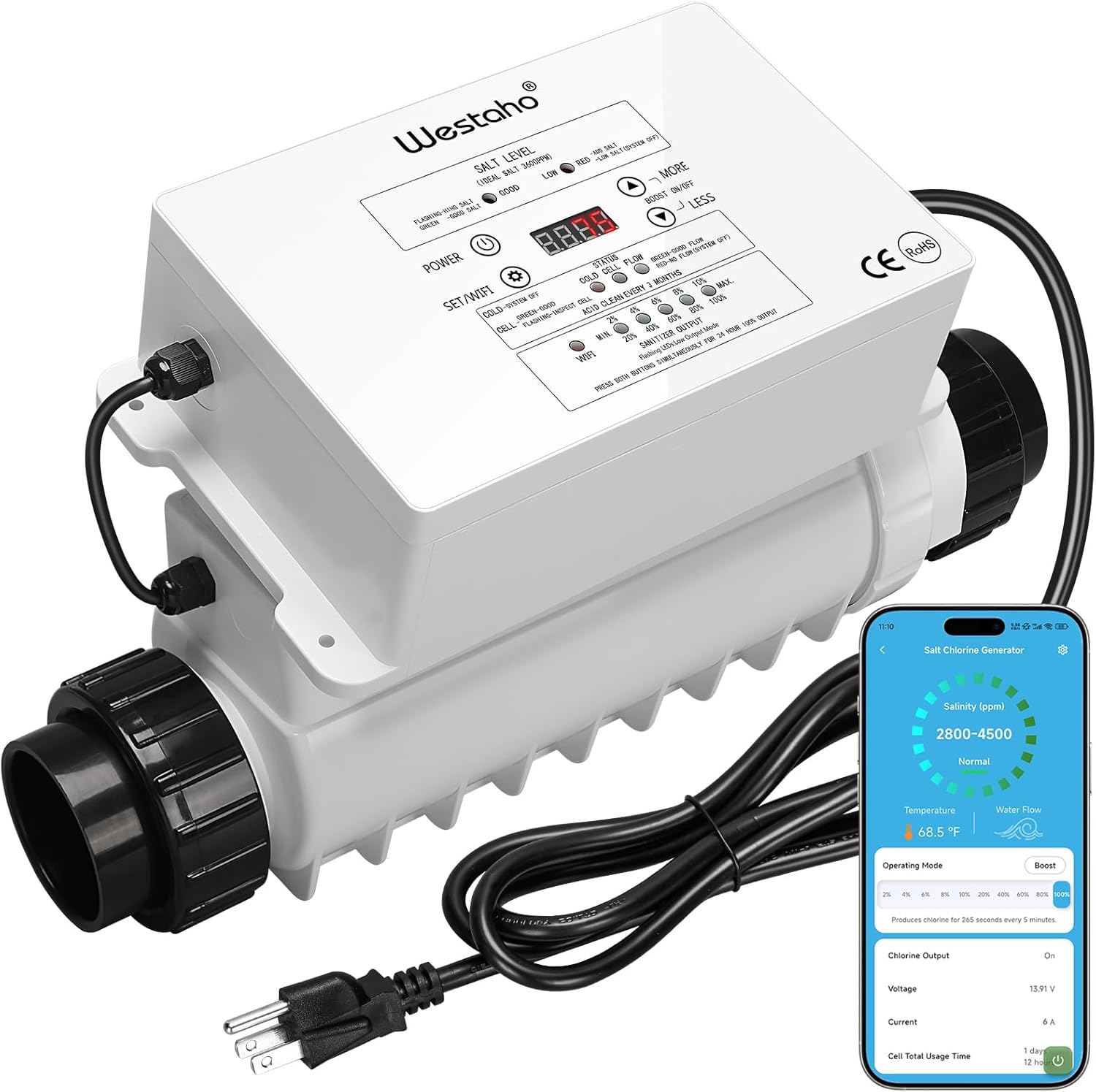 WiFi Salt Chlorine Generator, Westaho Salt Chlorination System with APP Remote Control, USA Titanium Cell, Designed for In-Ground Pools Up to 40,000 Gallons, IP66 Waterproof