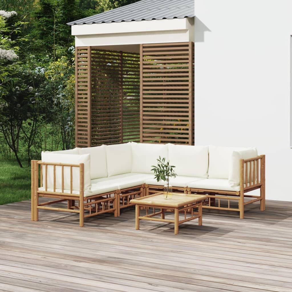 6-Piece Modular Garden Lounge Set, Cream White Bamboo, Fabric Polyester Outdoor Patio Furniture, Rectangular Dining Table and Chairs for Balcony