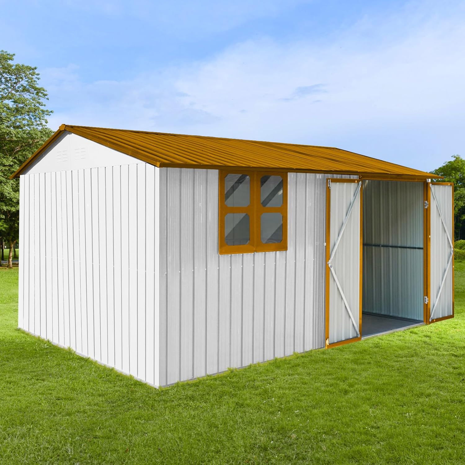 Sheds 12FT x 10FT Outdoor with Window & Storage, Metal Utility Tool House with Lockable Door & Shutter Vents, Waterproof Storage Garden Shed for Backyard Lawn Patio