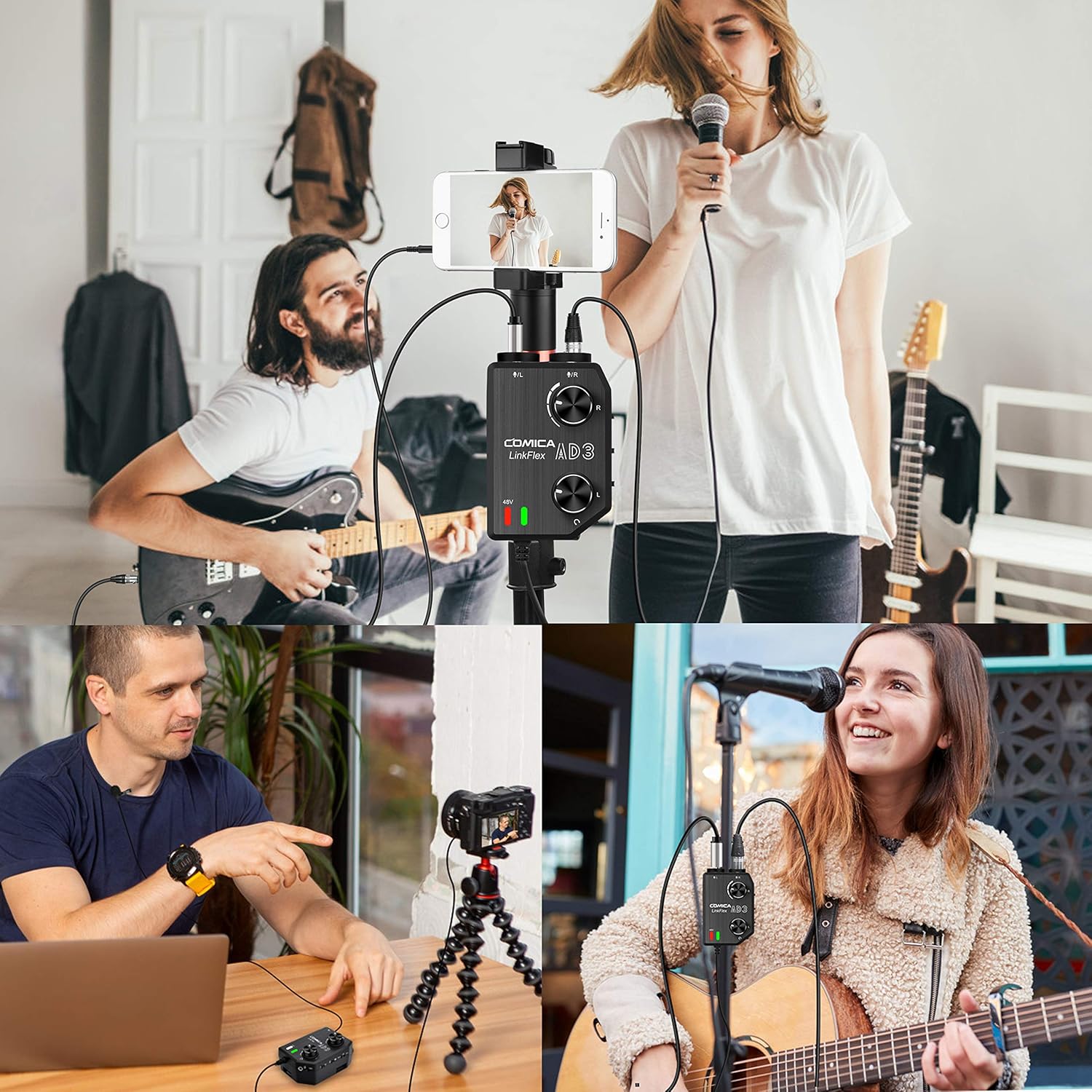 Comica LINKFLEX.AD3 2-Channel XLR/3.5mm/6.35mm Microphone Audio Mixer Preamp with Phantom Power, Real-time Monitoring, Guitar Audio Interface Microphone for DSLR Cameras Camcorders Smartphones Tablets