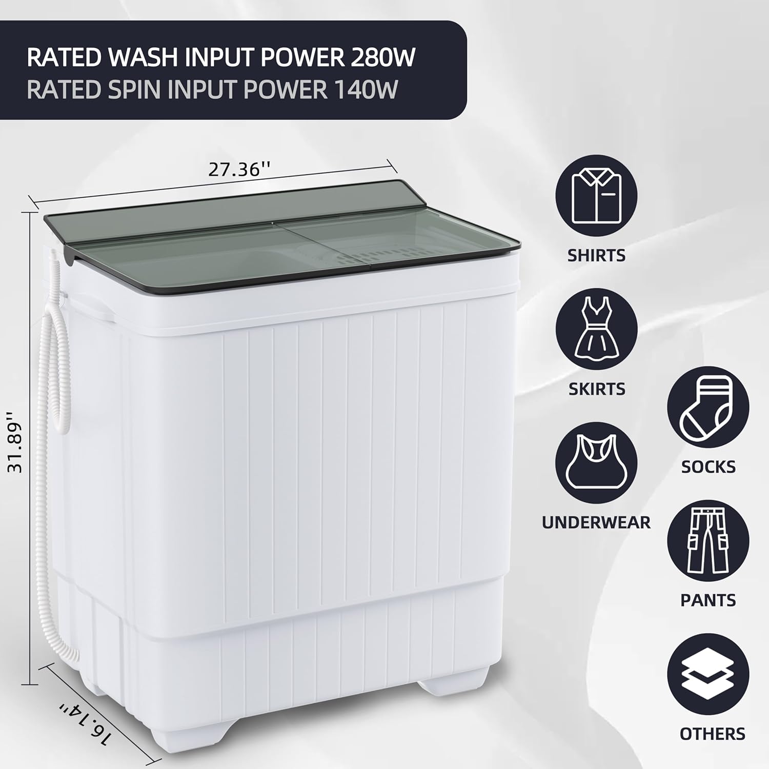 Elevon Portable Washing Machine Twin Tub 18.7 Lbs Capacity, (14.3 Lbs) and Spinner(4.4 Lbs) Combo Mini Compact Laundry Washer for Home, Apartment, Camping, RVs and Dorms, Black/White