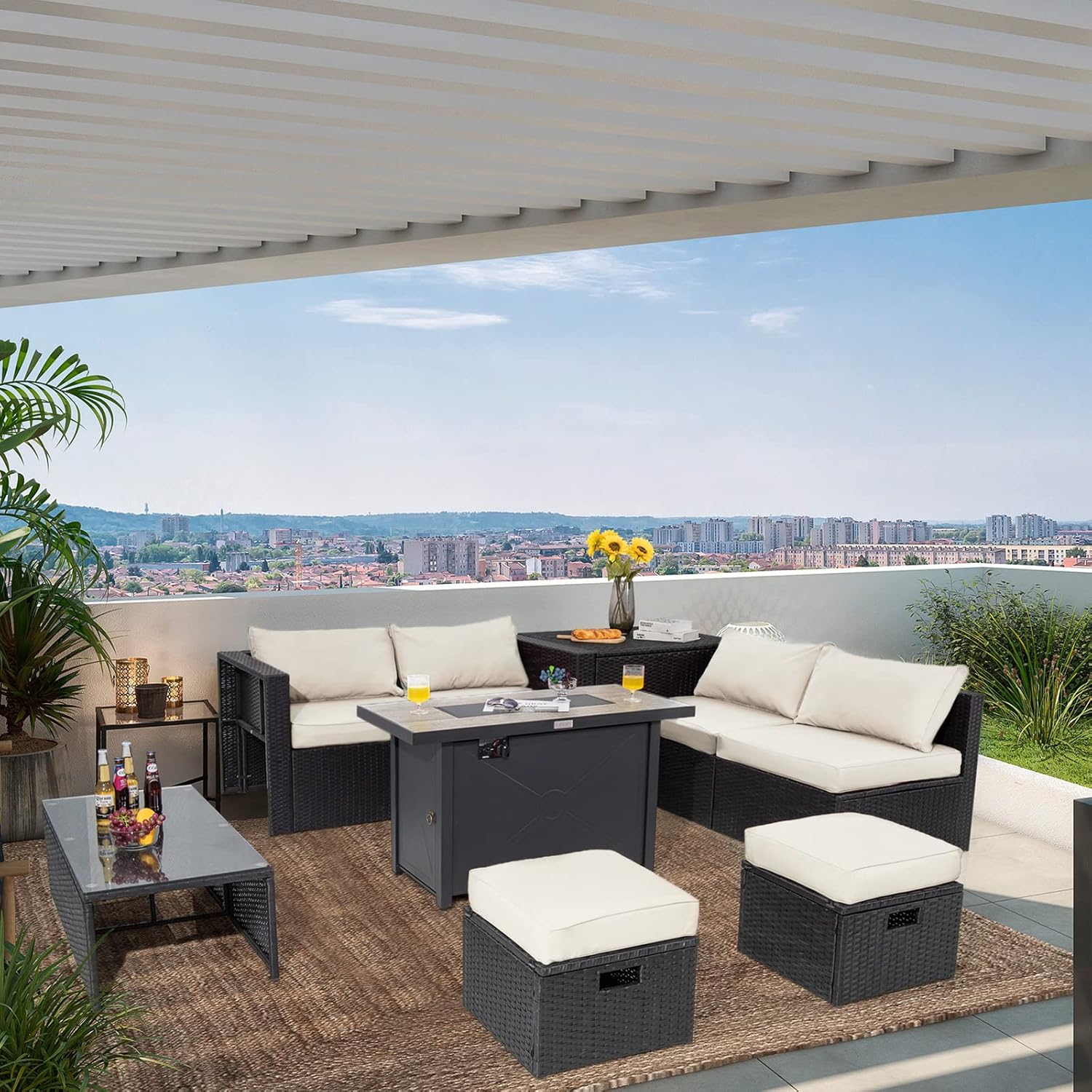 Tangkula 9 Pieces Outdoor Wicker Sectional Sofa with 42” 60,000 BTU Gas Fire Pit Table, Space-Saving Patio Conversation Set with Storage Box, Propane Fire Table, Waterproof Cover Included (Off White)