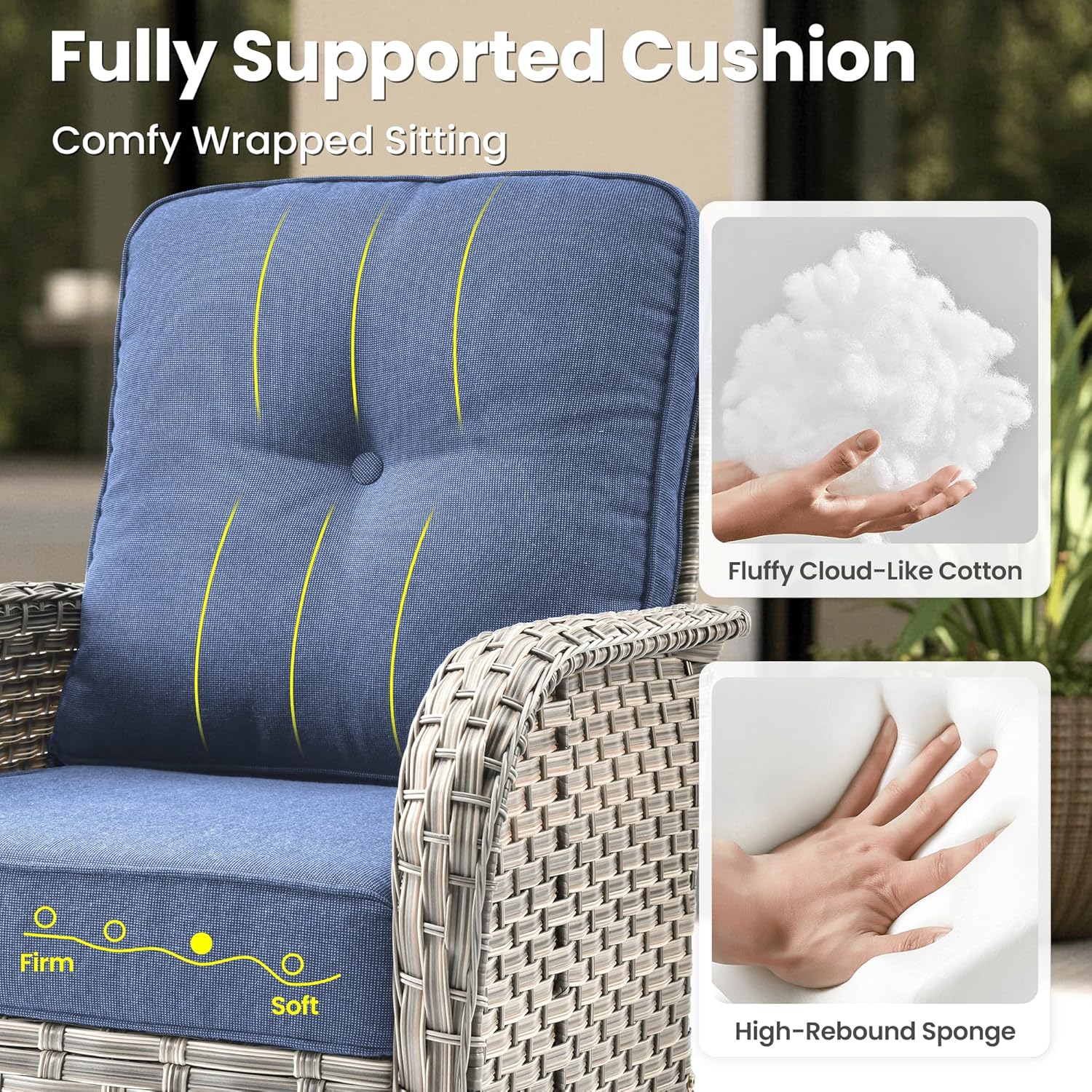 ovios 9 Pieces Patio Furniture Set Outdoor Sectional Sofa Couch with Fire Pit Table Rocking Swivel Chairs Deep Seat Chaise, Modern Modular Wicker Rattan Conversation Set, Denim Blue