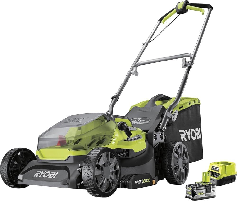 RYOBI One+ RY18LMX37A-150 Cordless Brushless Lawnmower 18V – Width 37 cm, 1 x 5.0Ah Battery + Charger, Mulching or Pickup, Semi-Rigid 45L Tray, Central Adjustment, Ideal 300-400 m²