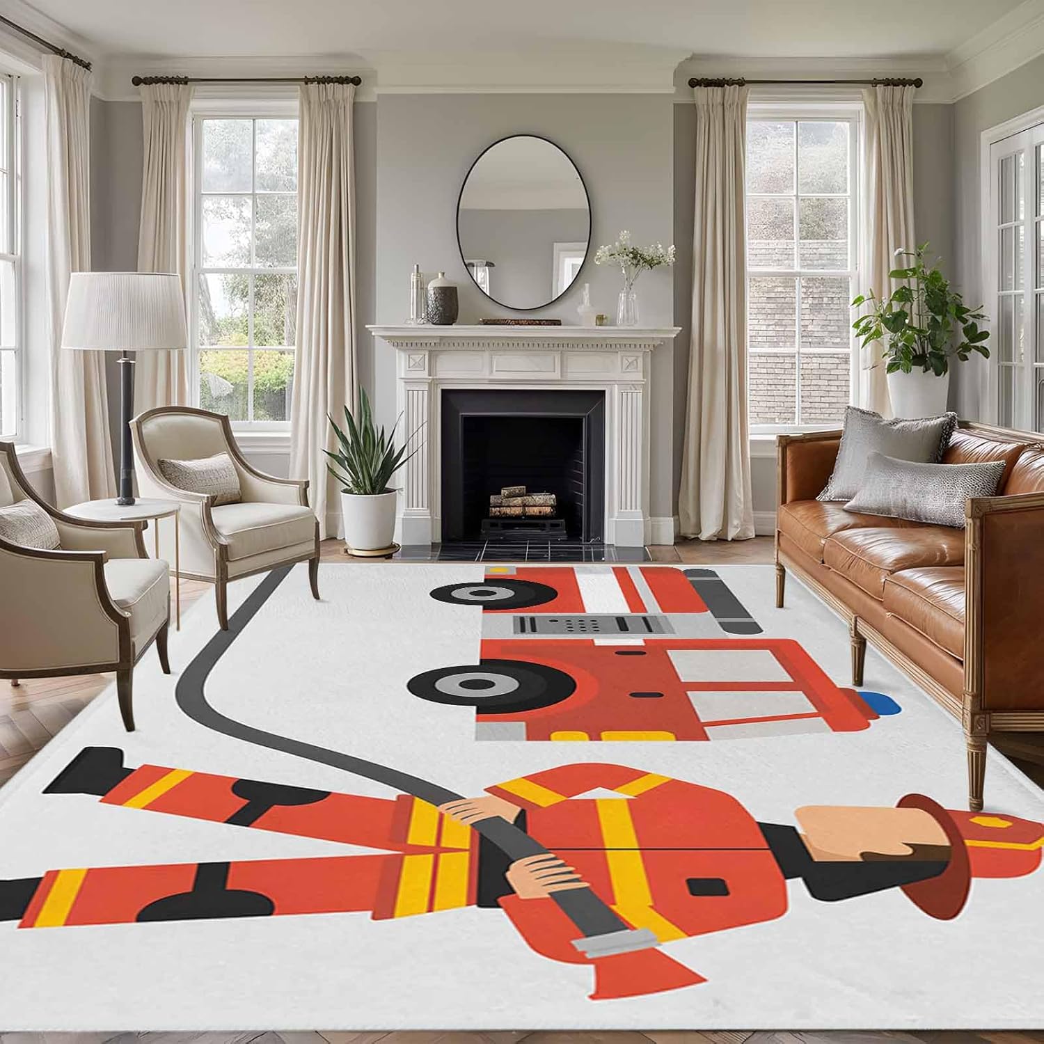 Large Area Rug 8'x10',Firefighters Non-Slip Runner Carpet for Living Room/Bedroom/Office,Cartoon Red Uniform Fire Truck Grey Outdoor Indoor Rectangle Area Rug Floor Mat for Kitchen/Dining Room