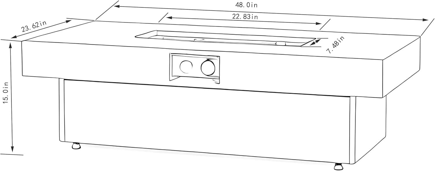 Modern Outdoor 48-Inch Rectangle Propane Fire Pit Table, Cement Grey Iron Construction, 50000 BTU, Adjustable Height with Glass Stones for Patio