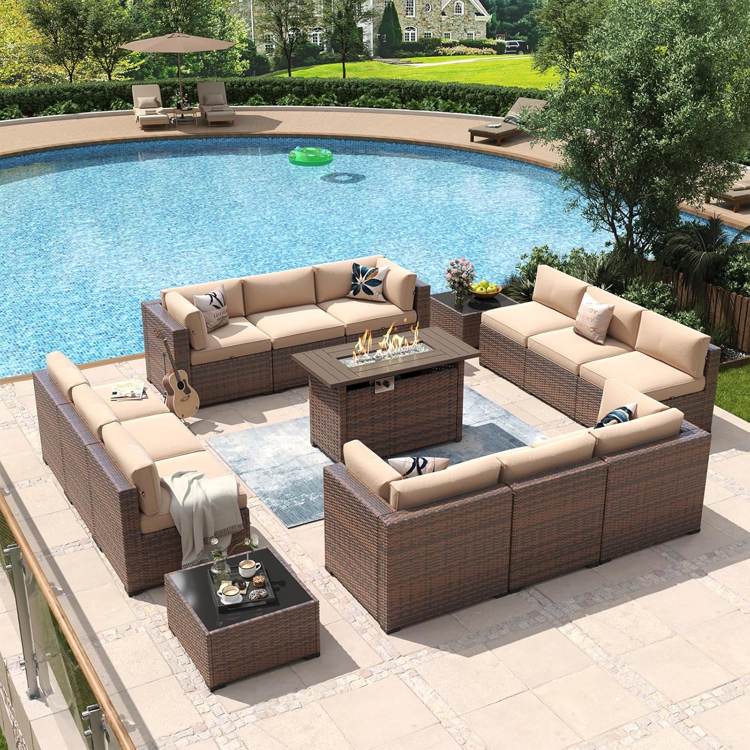 Aoxun 15 Piece Patio Furniture Set with 44” Fire Pit Table Wicker Rattan Outdoor Sectional Sofa Set with Coffee Table and Thickened Cushions, Beige (Waterproof Cover Included)