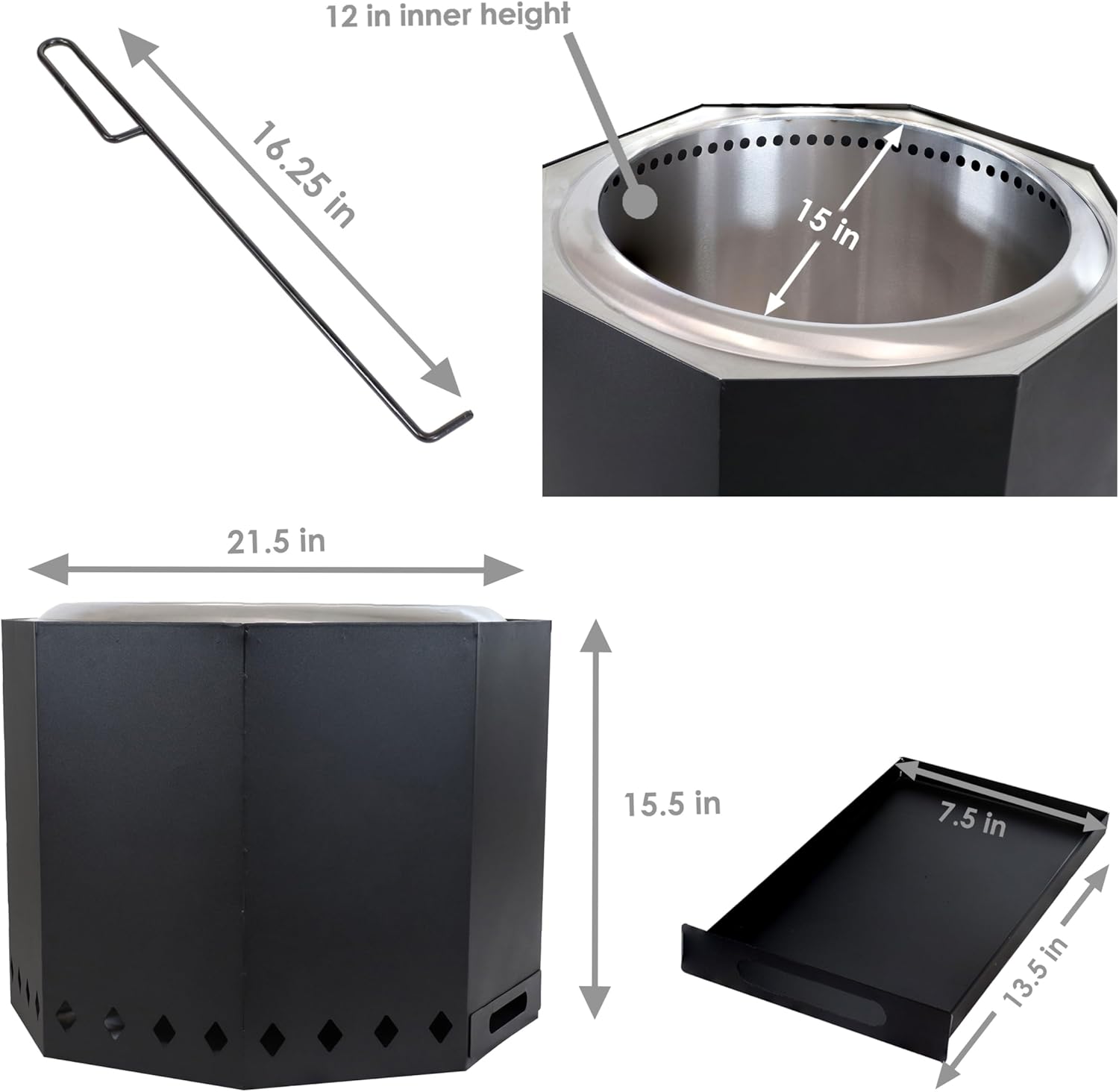 Sunnydaze Wood-Burning Smokeless Fire Pit with Log Poker - Stainless Steel Smokeless Fire Pit for The Backyard - Black - 21.5-Inch