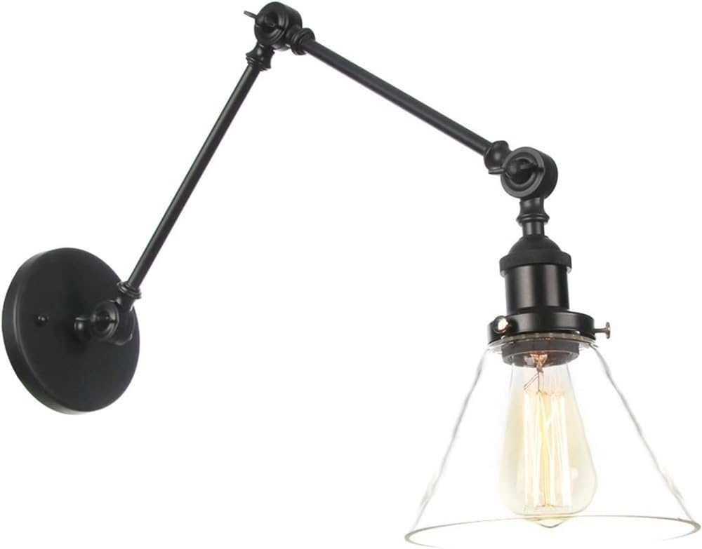 Wall Sconces Industrial Swing Arm Wall Lamp Metal Glass Shade Wall Sconces Vintage Adjustable Wall Mounted Lighting Fixture for Farmhouse Bedroom Reading(Black)