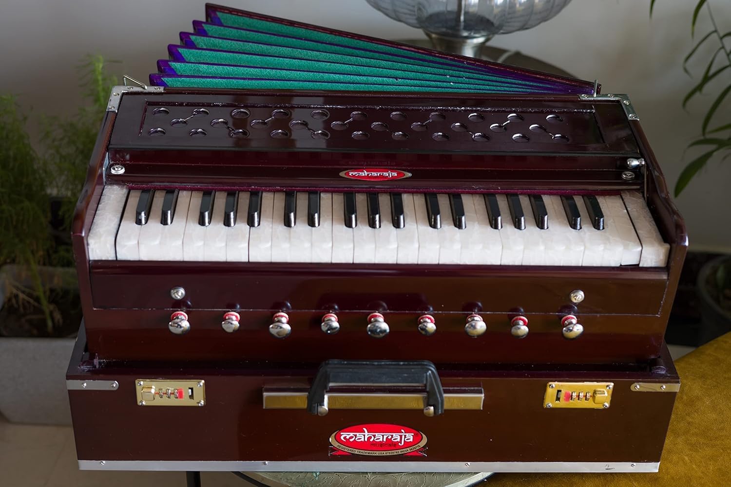 Maharaja Musicals, (Model 2025-26) Folding Harmonium Instrument, In USA, 9 Stops, Rosewood Color, Safri, 3 1/2 Octave, Coupler, Bag, Tuned To A440, Musical Instrument Indian-AHF