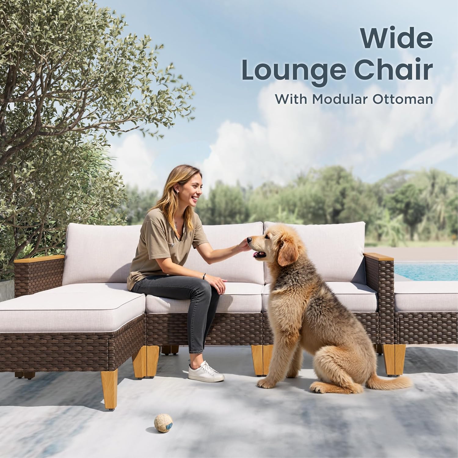 PHI VILLA 9-Seat Outdoor Wicker Furniture Set with 4-inch Thick Cushions, High Back Wicker Sofa with Gas Fire Pit Table for Cozy Patio Conversations in Elegant Beige (3 Seat Sofa)