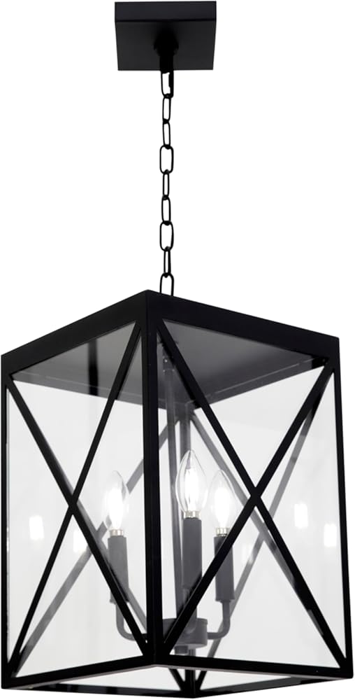 MELUCEE 3-Light Outdoor Chandelier Lighting Black Indoor Lantern Pendant Light Exterior Ceiling Light Fixtures with Clear Glass for Patio Porch Entryway