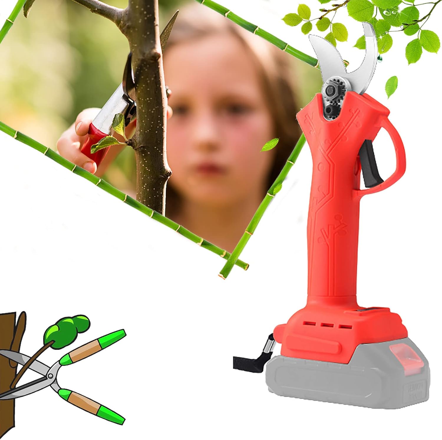 Electric Cordless Pruning Shears Electric Garden Shears Electric Scissors, 4 Gear Garden Fruit Tree Pruning Power Tool Branch Cutter, Secateurs 0~30mm for Garden/Patio Set2 red