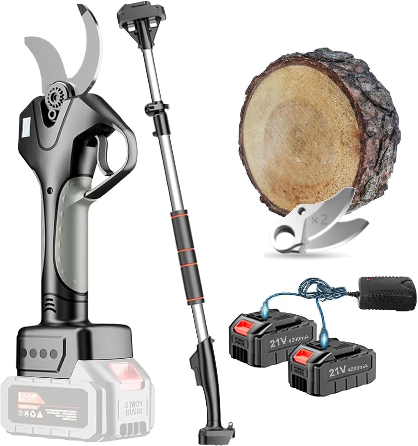 Cordless Pole Pruning Shears, 50mm Electric Pruning Shears with 2×4.5ah Battery, 4.3-6.9 Ft Pole, Digital Display, Long Reach Pruner Branch Scissors for Gardening