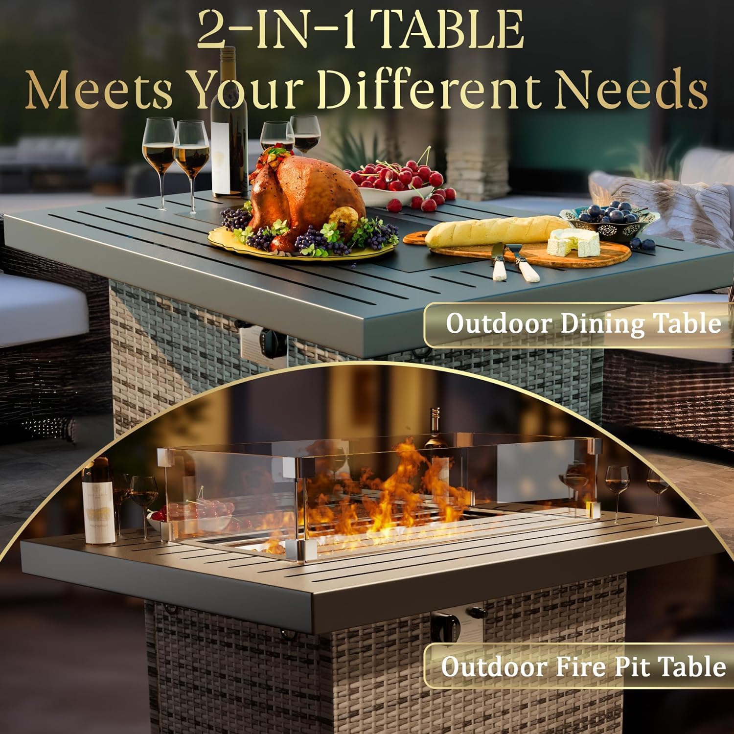 TINKLE WELL 44in Outdoor Propane Fire Pit 60,000 BTU, Gas Fire Pit Table with Glass Wind Guard, Rattan Wicker Base and Waterproof Cover, CSA Certification for Outside Garden Patio Party