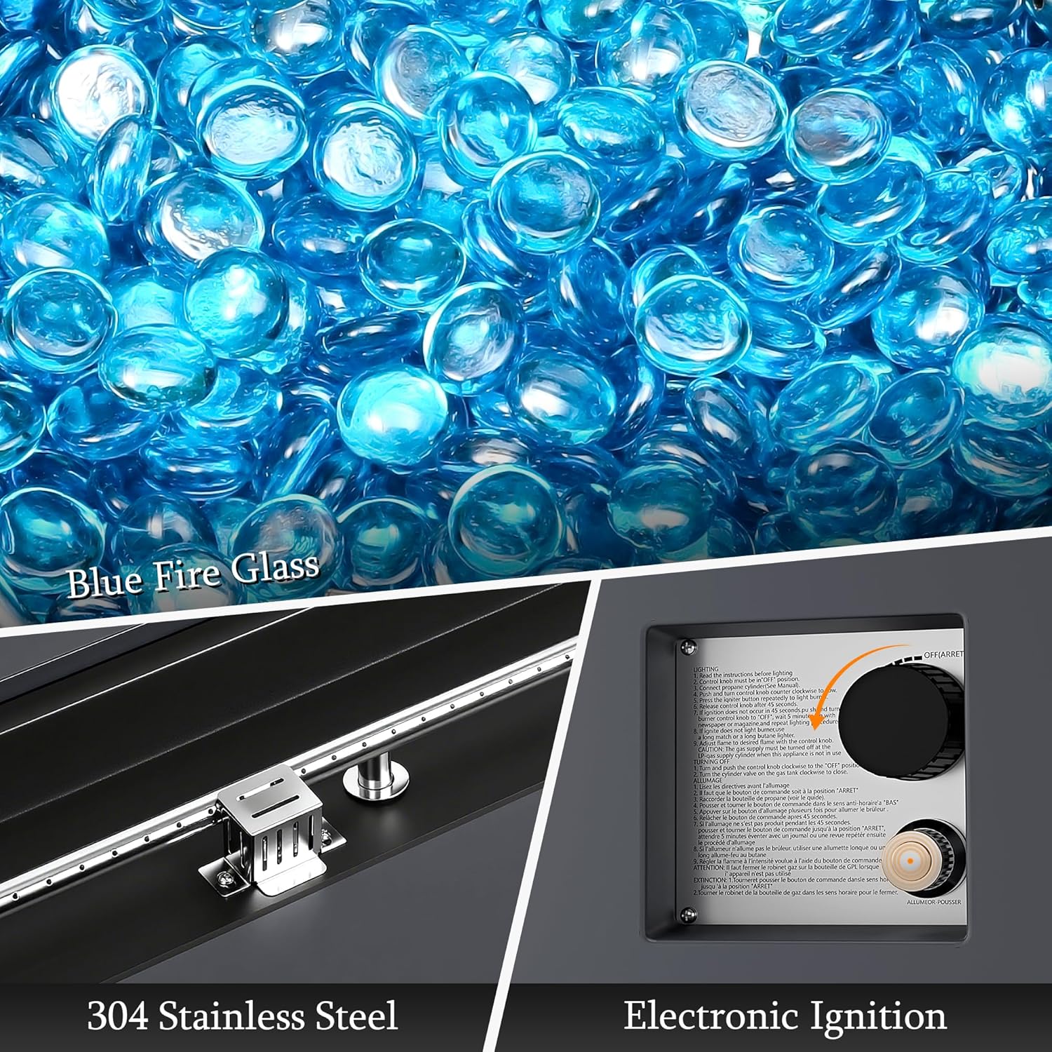 UPHA 56-inch Outdoor Propane Gas Fire Pit Table 50000 BTU Iron Rectangle Firepit for Outside Patio with Tank Hidden Table, Wind Guard, Removable Lid, Blue Glass Rocks, Rain Cover, Grey