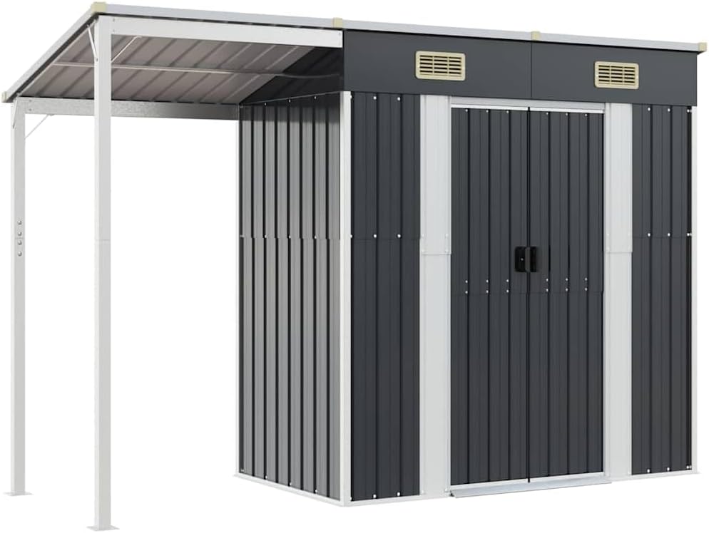 'vidaXL Garden Outdoor Shed/Storage House with Extended Roof - Durable Galvanized Steel, Ample Storage Space for Garden Tools & Equipment and Ventilation System – Color: Anthracite'