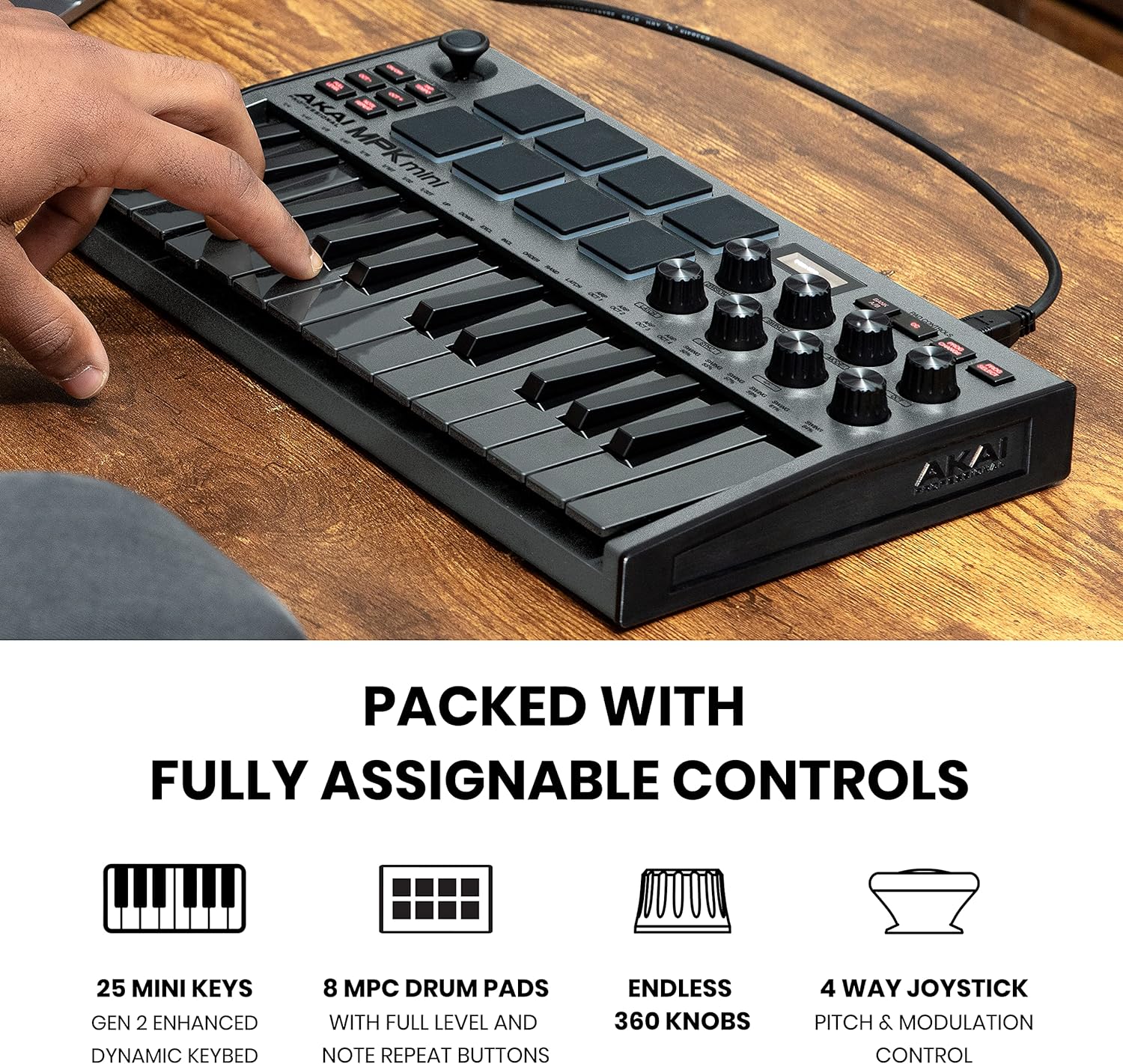 AKAI Professional MPK Mini MK3-25 Key USB MIDI Keyboard Controller With 8 Backlit Drum Pads (Grey) & On-Stage DS7200B Adjustable Desktop Microphone Stand, Black