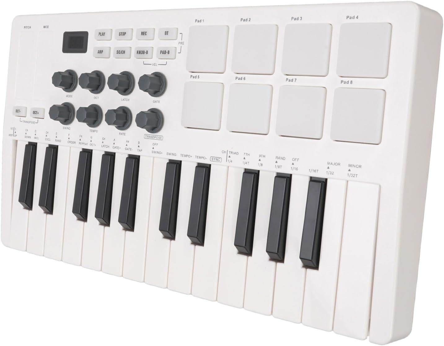 Midi Controller Keyboard, Beat Pad Midi Controller, 25 Key MIDI Keyboard Portable Bluetooth MIDI Keyboard Controller with 8 Backlit Drum Pads 8 Knobs for Musician Music Production