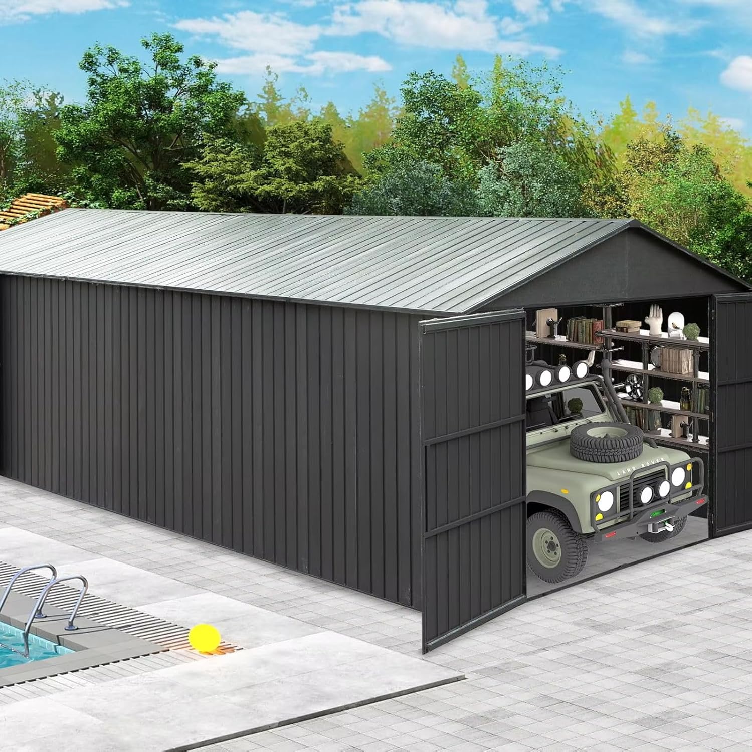 Heavy-Duty Metal Storage Shed, Double Door Design with Windows, Triangular Support Structure,Outdoor Metal Garage Canopy || 12x19ft (3480 * 5900 * 2300mm) Outdoor Car Garage with Side Door ||